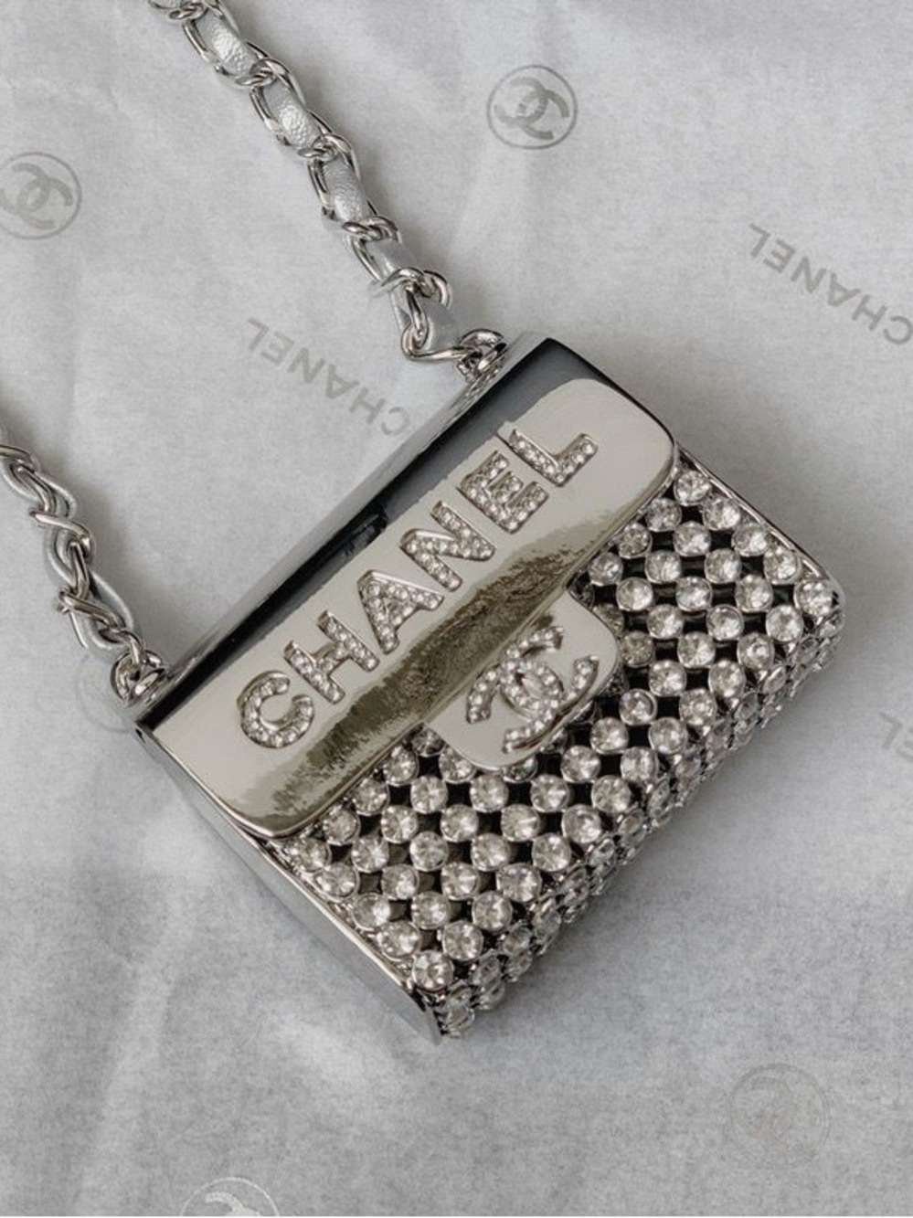 CHANEL Silver Crystal Embellished Micro Bag Pendant Necklace